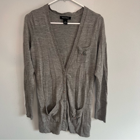 WHBM Womens 100% Wool Knit Metal Button Up Cardigan Gray Sz L Pocket Lightweight - Picture 1 of 11